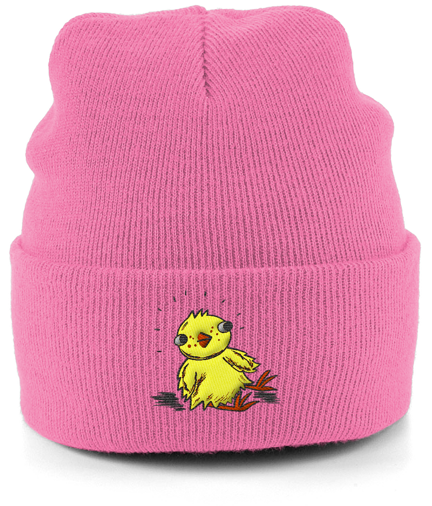 Bright pink fun cuffed beanie made from soft acrylic with a cute chick design embroidered on the front.