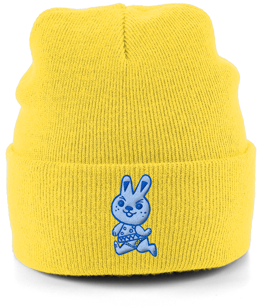 Cute light blue bunny rabbit running with a cheeky look embroidered on this bright yellow cuffed beaniehat.