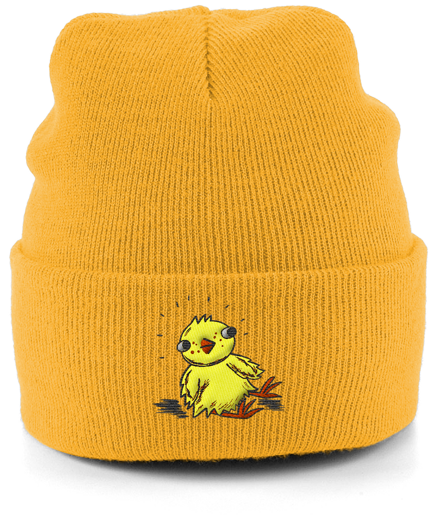 Mustard yellow cuffed beanie made from soft acrylic with a cute chick design embroidered on the front.