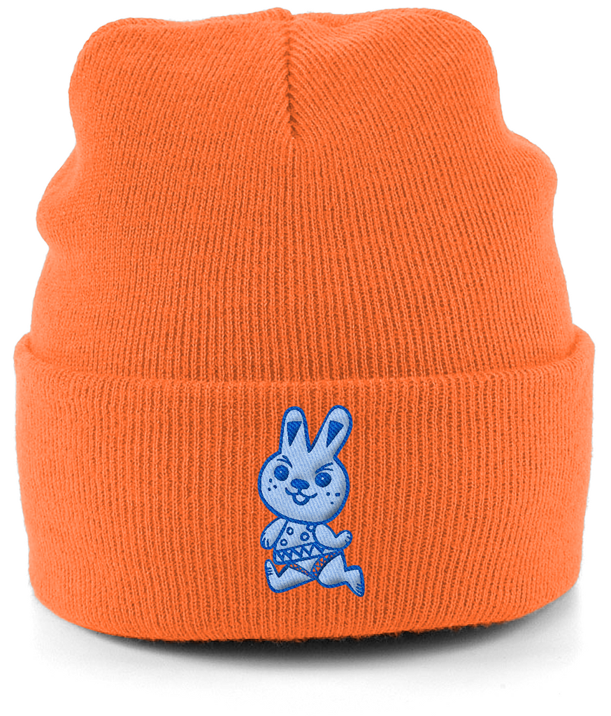 Cute light blue bunny rabbit running with a cheeky look embroidered on this bright orange cuffed beanie hat.