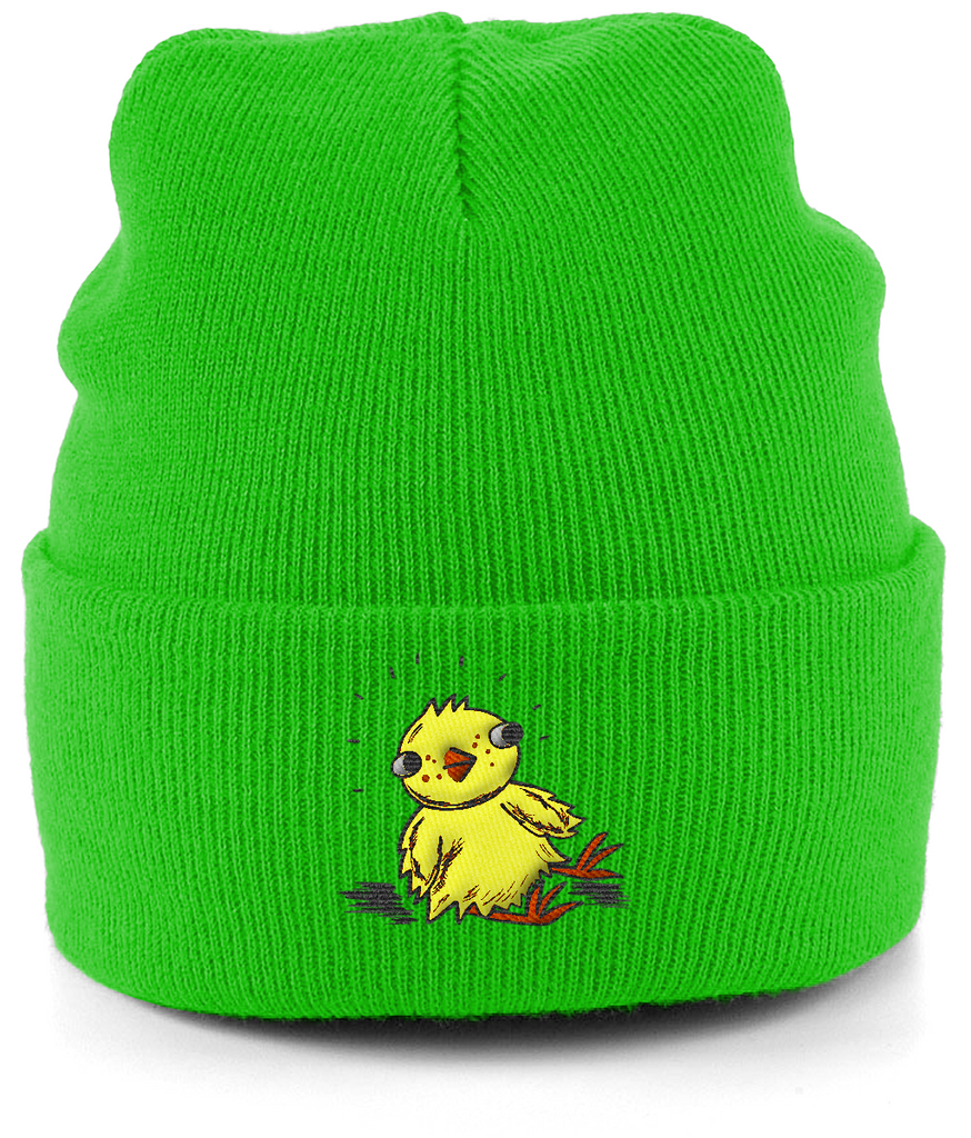 Luminous neon green cuffed beanie made from soft acrylic with a cute chick design embroidered on the front.