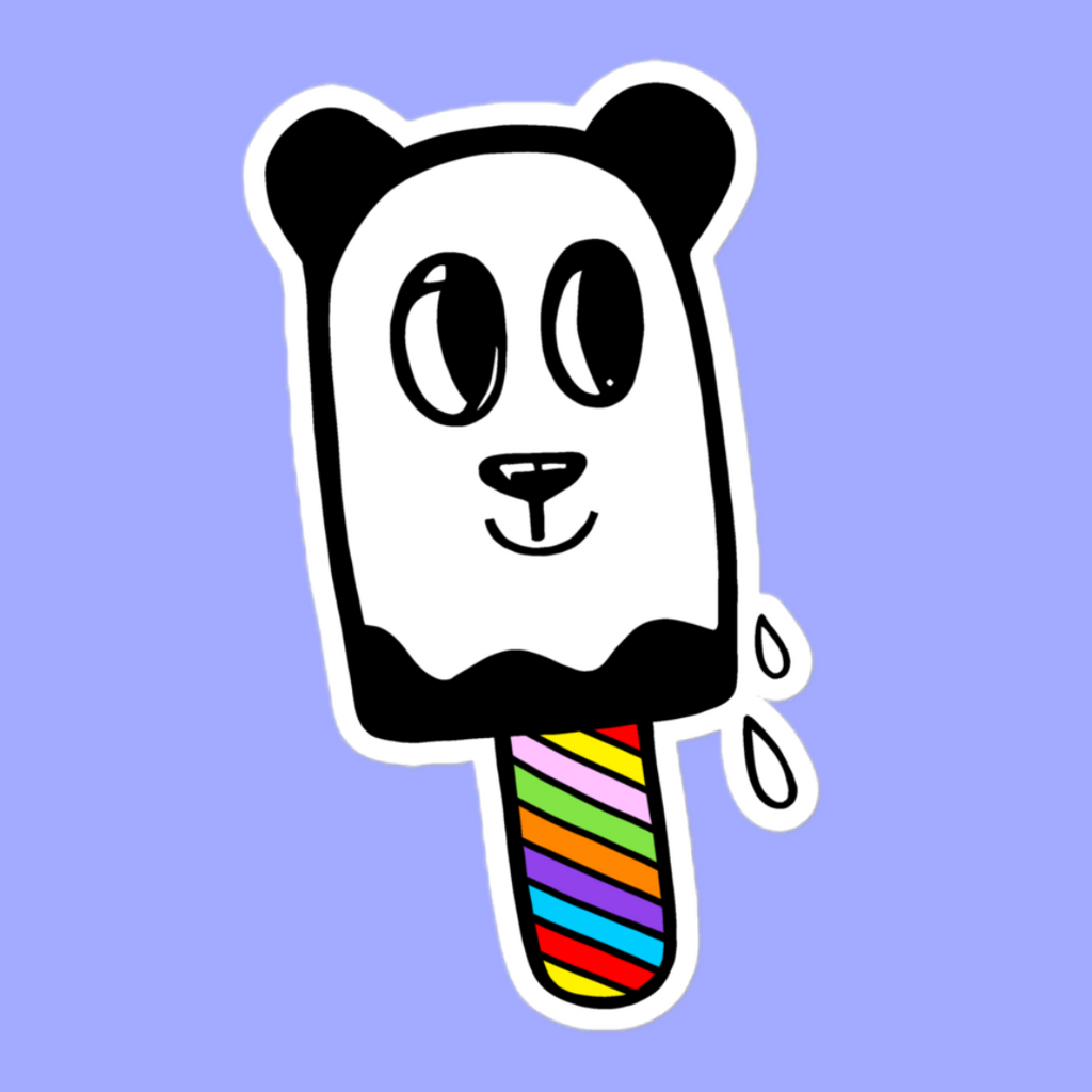 Panda Pop vinyl sticker. Panda pop is a ice cream with drips running down the side of him. The stick of the ice-cream is multi-coloured. Panda Pop has a little smile on his face and big eyes. The vinyl sticker is also  water resistant.