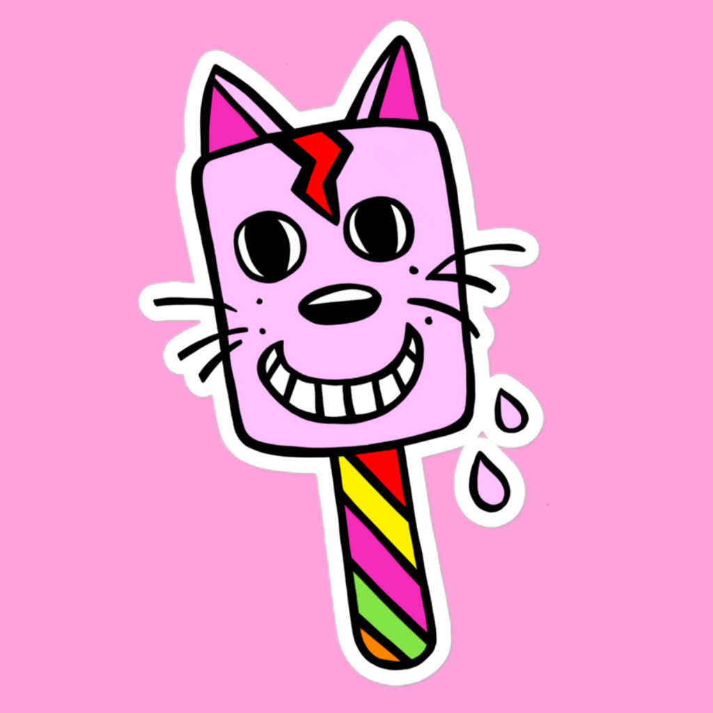 Retro Cat ice-cream vinyl sticker with drips going down the side of him. The stick of the ice-cream is multi coloured diagonal stripes. He has a big red lightning flash going down his face and big eyes. He also has a big smile and whiskers. The stickers are also water resistant too.