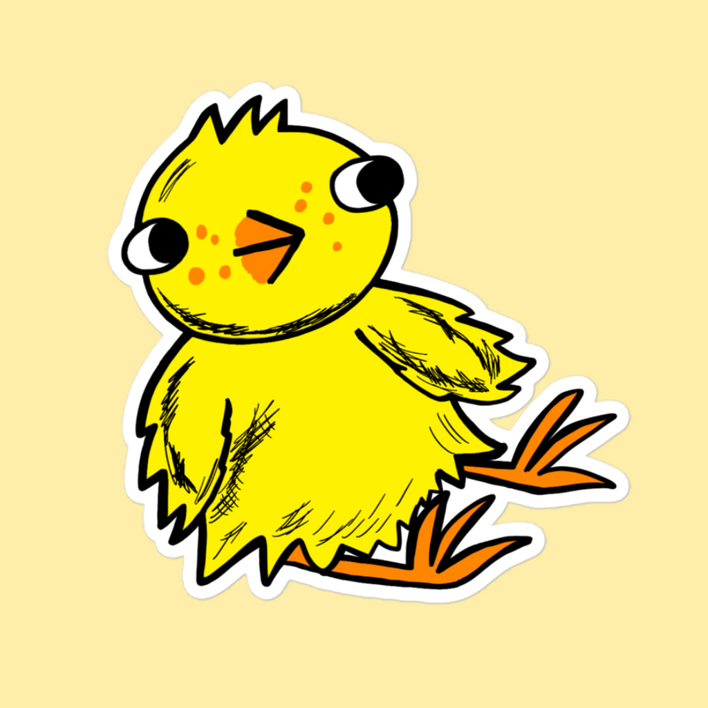 Cute bright large yellow chick sticker.The chick is  looking sideways. The chick is a bright yellow with orange feet and beak. He has three tufts of hair/feathers sticking out of the top.He is printed on a white background and cut out around his body. The sticker is shiny.