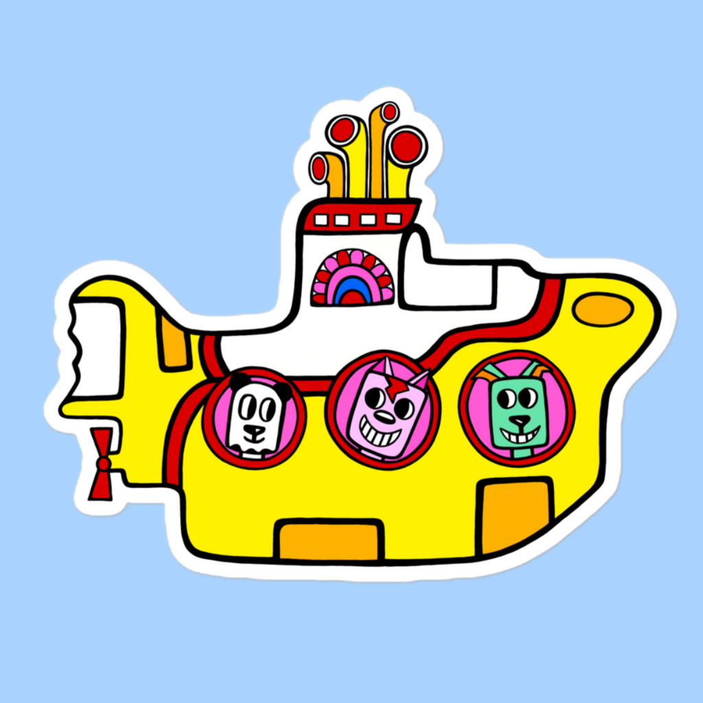 Bright yellow submarine sticker with three portholes. Each porthole has an animal looking out of it. The first one is a panda, the second a pink cat , the third a green dog. They are smiling on this vinyl sticker.