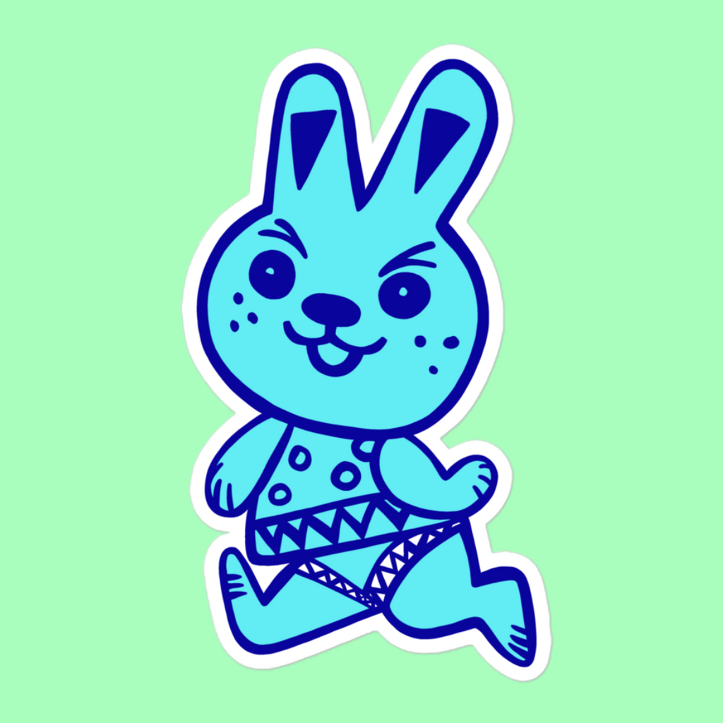 Cute pale blue bunny running with a cheeky look on his face vinyl sticker.