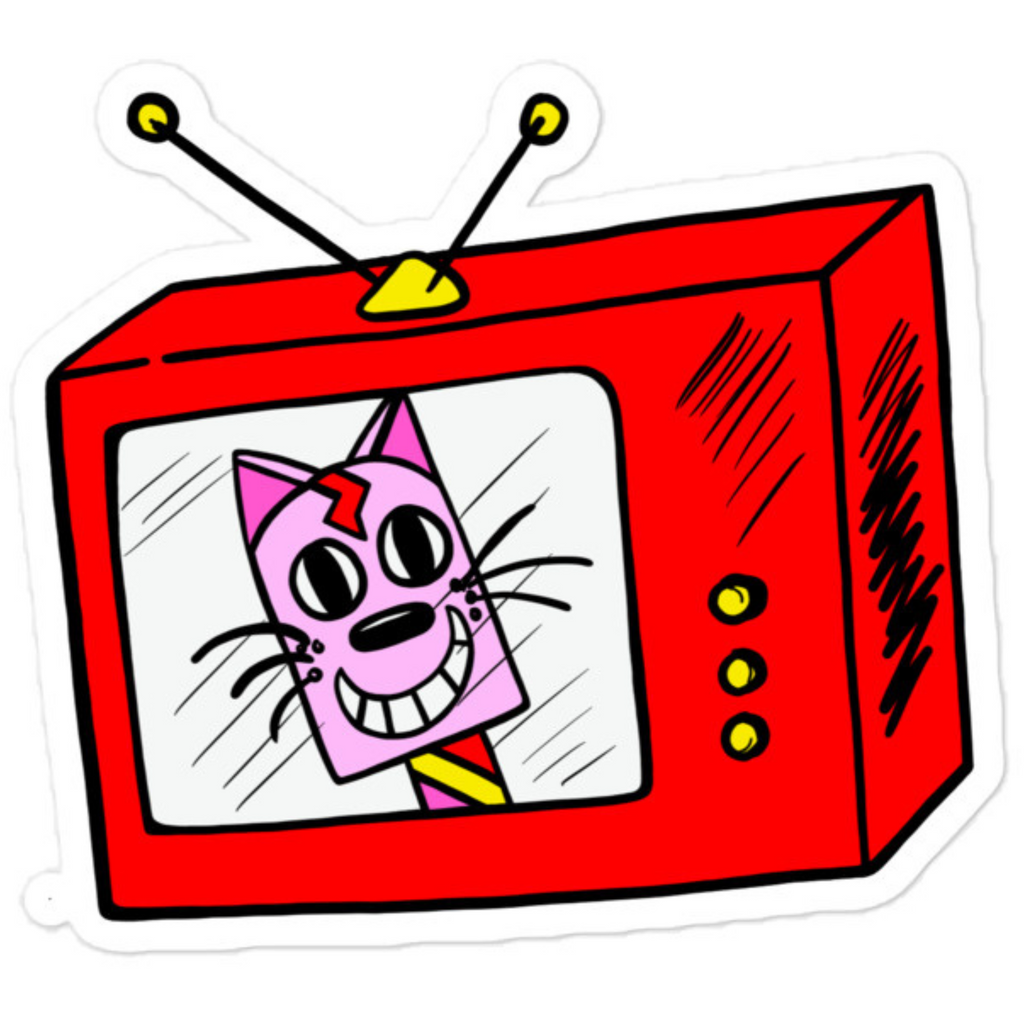 Retro Cat TV large vinyl sticker. A pink ice-cream cat inside a red square shaped tv. The red TV has yellow buttons and yellow aerial on the top. The retro pink cat has a big smile and a multi-coloured lolly stick. Very bright. The vinyl sticker is also water resistant.