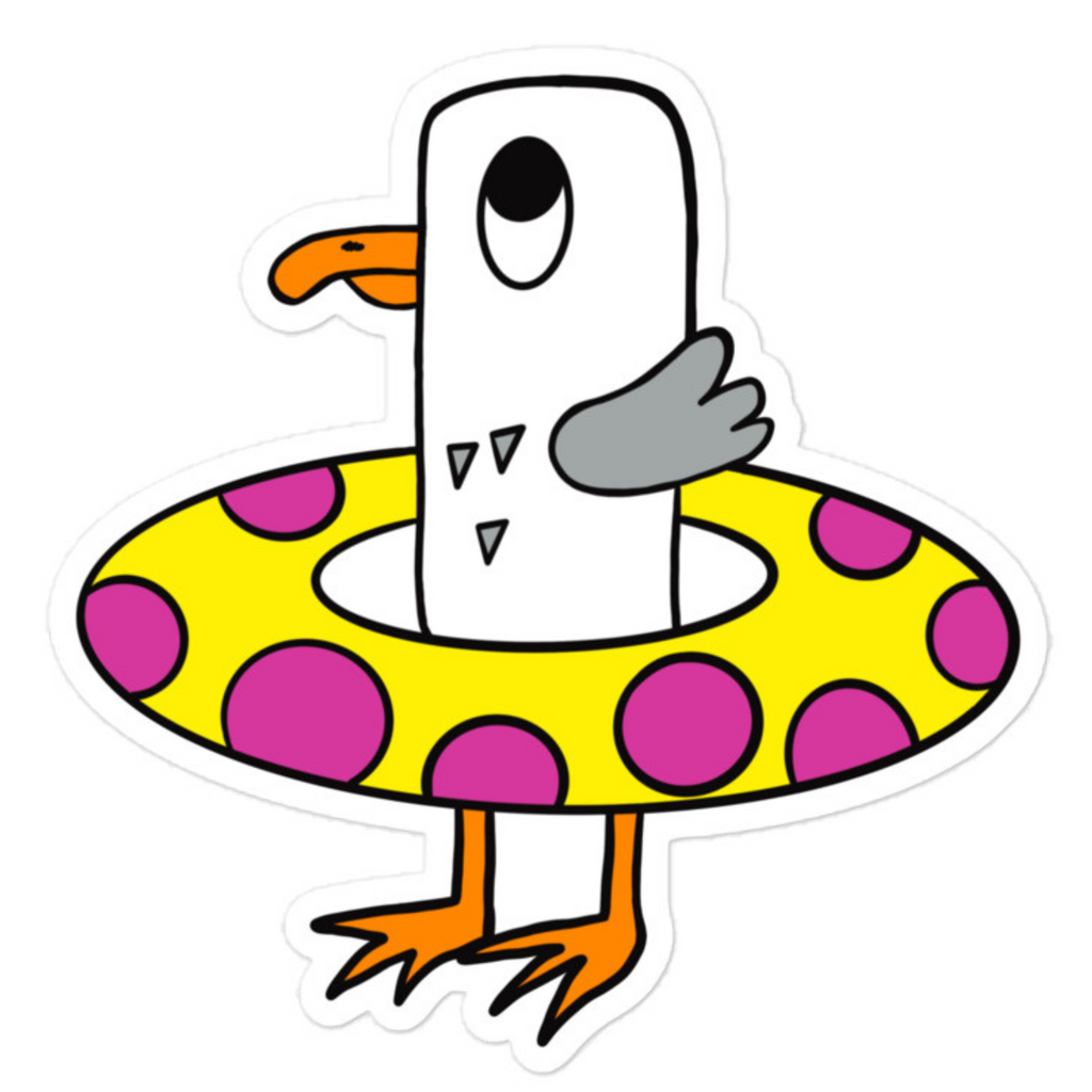 Seagull Steve vinyl, water resistant large sticker. Here he can be seen with his bright yellow rubber ring with bright pink circles. Seagull Steve is white and grey with an orange beak and orange feet. He has big wide eyes.