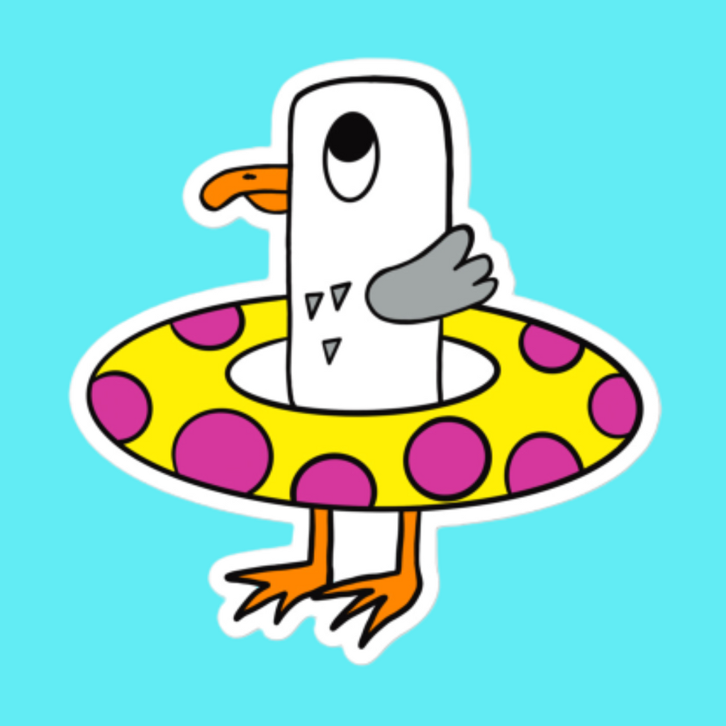 Seagull Steve vinyl, water resistant sticker. Here he can be seen with his bright yellow rubber ring with bright pink circles. Seagull Steve is white and grey with an orange beak and orange feet. He has big wide eyes.