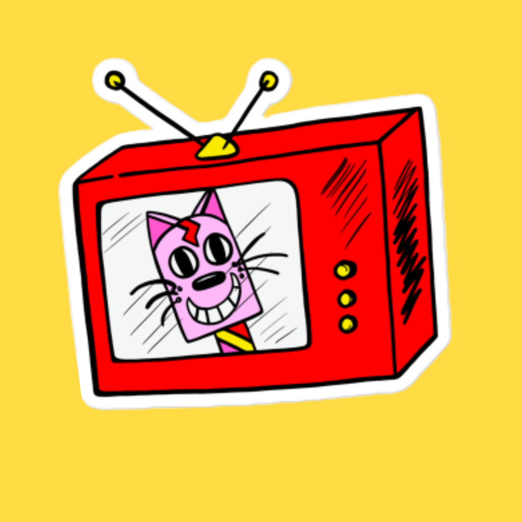 Retro Cat TV vinyl sticker. A pink ice-cream cat inside a red square shaped tv. The red TV  has yellow buttons and yellow aerial on the top. The retro pink cat has a big smile and a multi-coloured lolly stick. Very bright. The vinyl sticker is also water resistant.