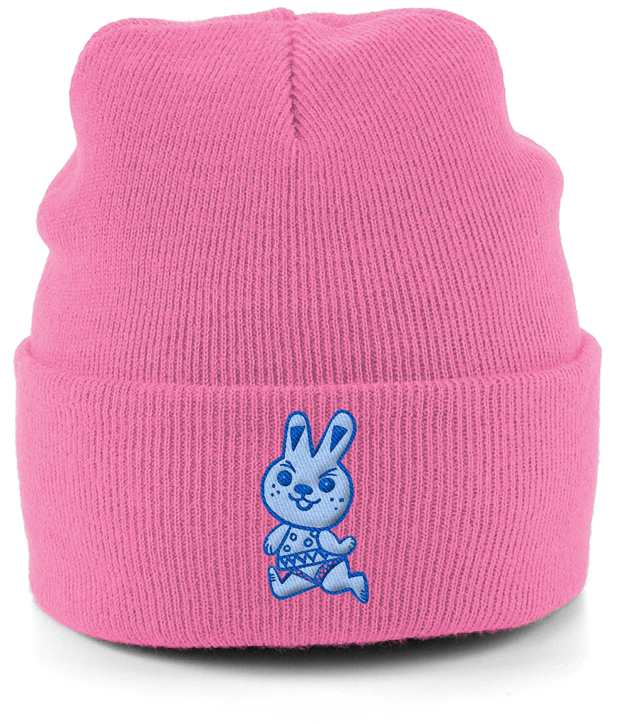 Cute light blue bunny rabbit running with a cheeky look embroidered on this bright pink cuffed beanie hat.