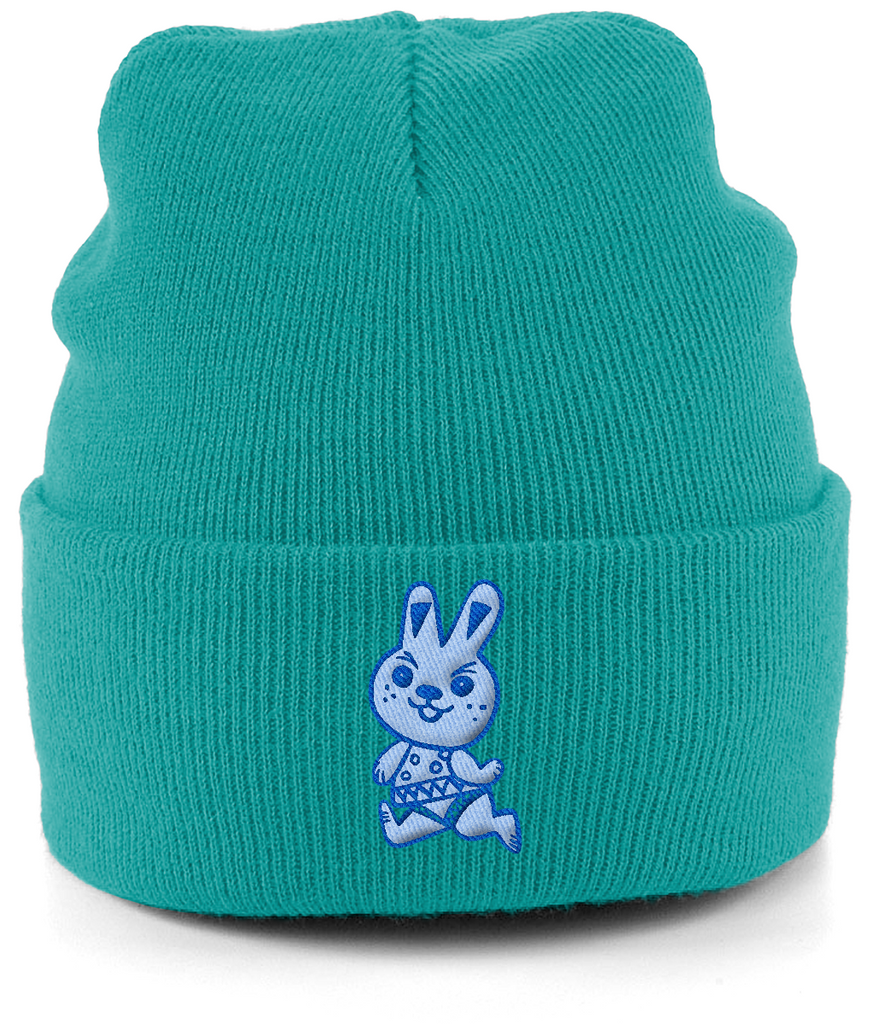 Cute light blue bunny rabbit running with a cheeky look embroidered on this bright emerald green cuffed beaniehat.