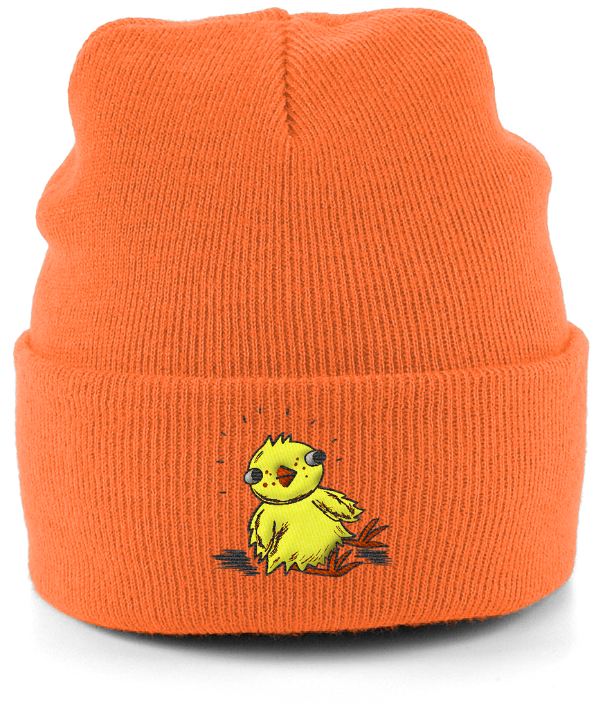 Bright coral orange cuffed beanie made from soft acrylic with a cute chick design embroidered on the front.