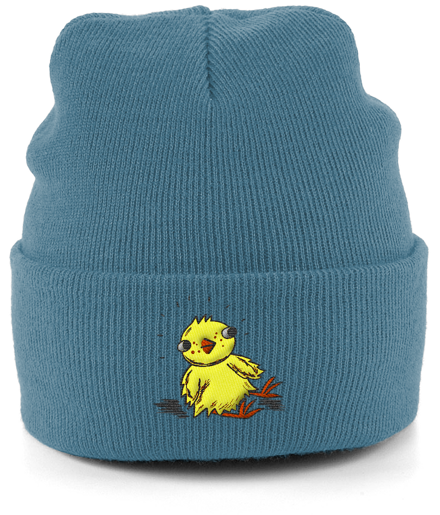 Smokey blue cuffed beanie made from soft acrylic with a cute chick design embroidered on the front.