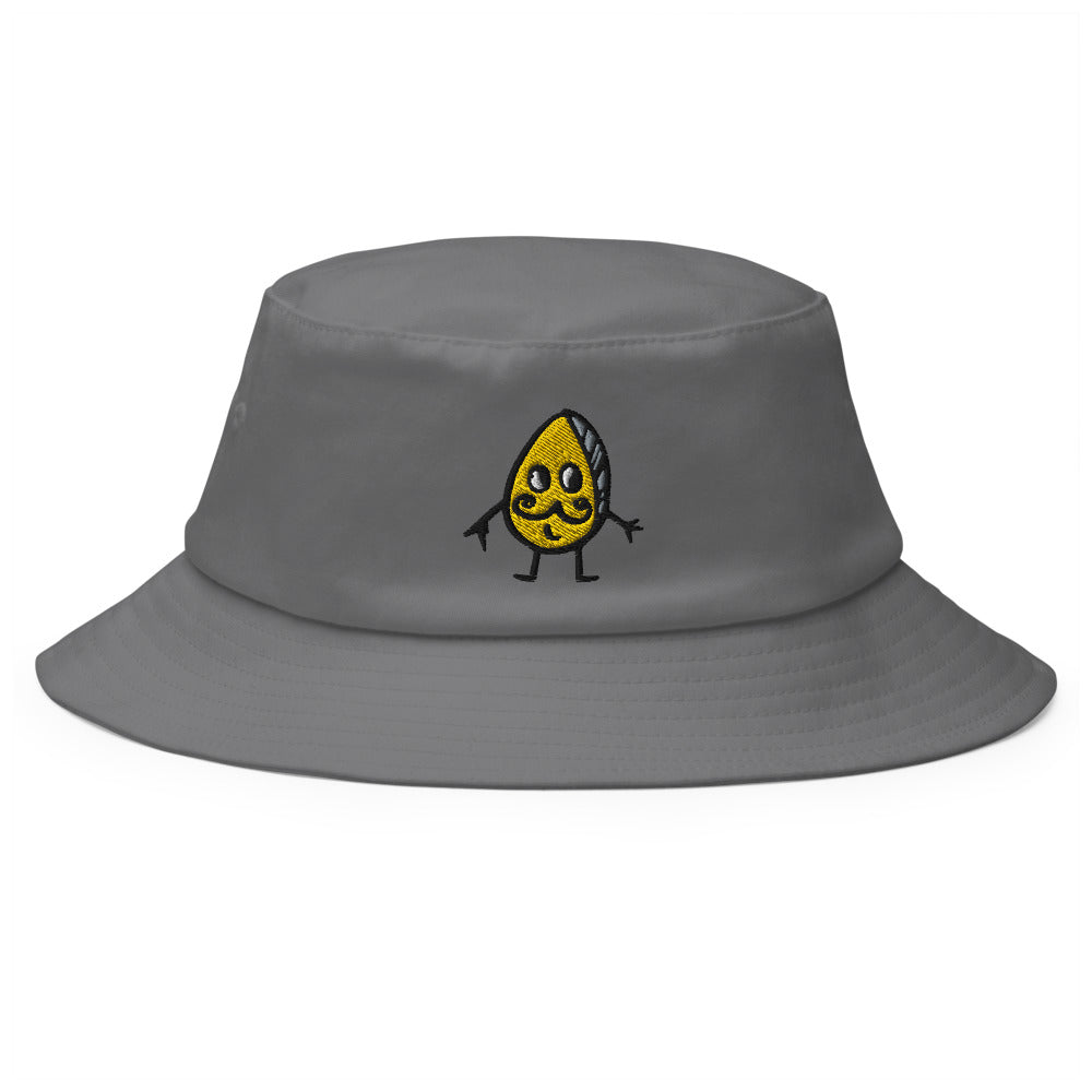 Mr Pistachio a cute character embroidered on this bucket hat. He is embroidered in yellow, white, black and grey on this mid grey bucket hat.