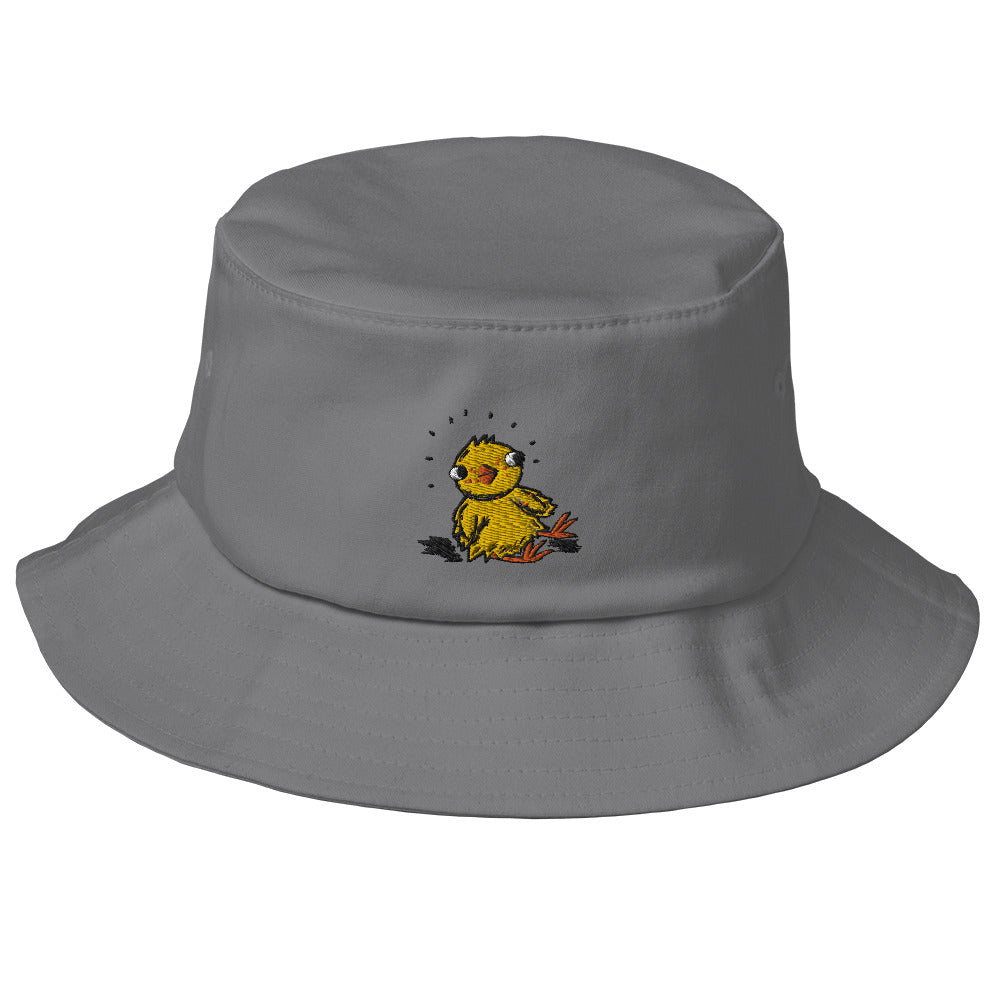 Mid grey cotton bucket hat with embroidered chick on the front. The chick is bright yellow and cute. Hat is shown on a white background.