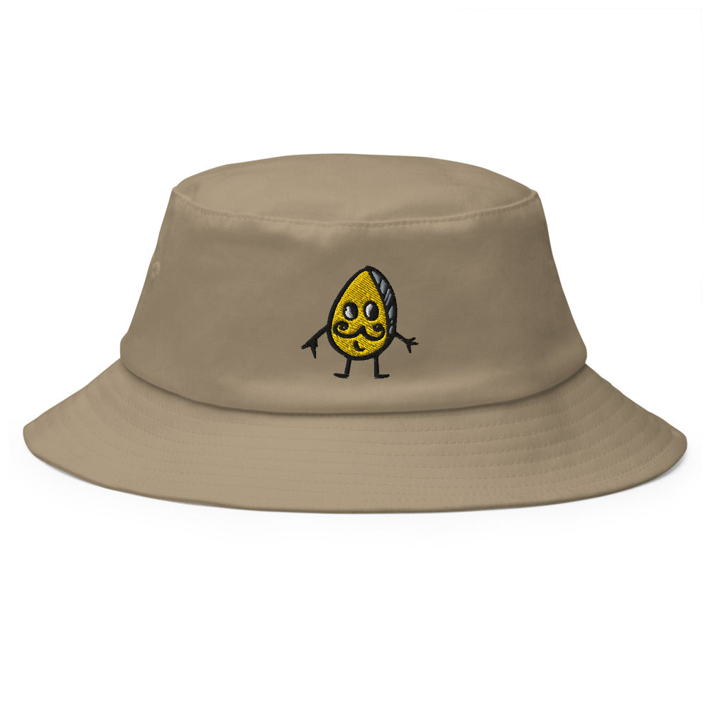 Mr Pistachio a cute character embroidered on this bucket hat. He is embroidered in yellow, white, black and grey on this khaki bucket hat.