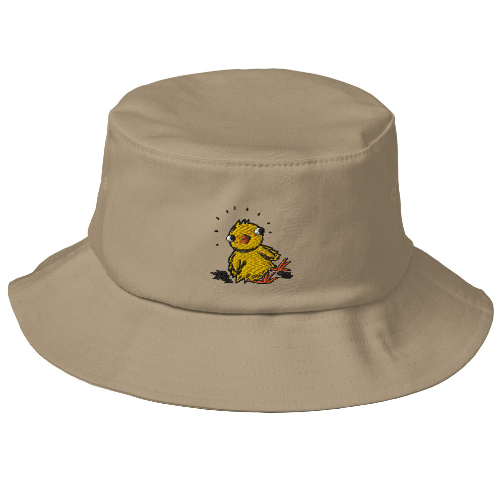 Khaki cotton bucket hat with embroidered chick on the front. The chick is bright yellow and cute. Hat is shown on a white background.