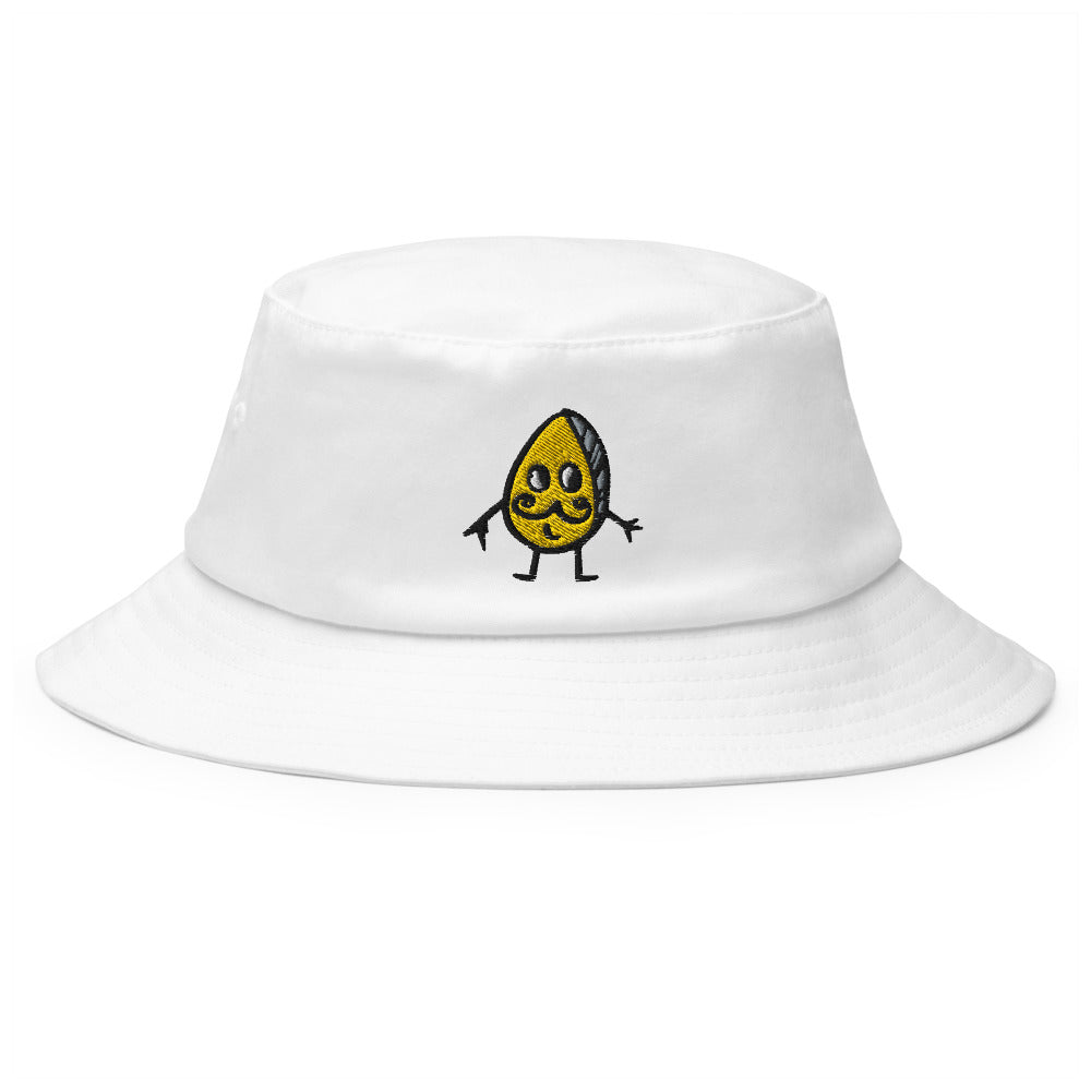 Mr Pistachio a cute character embroidered on this bucket hat. He is embroidered in yellow, white, black and grey on this white bucket hat.