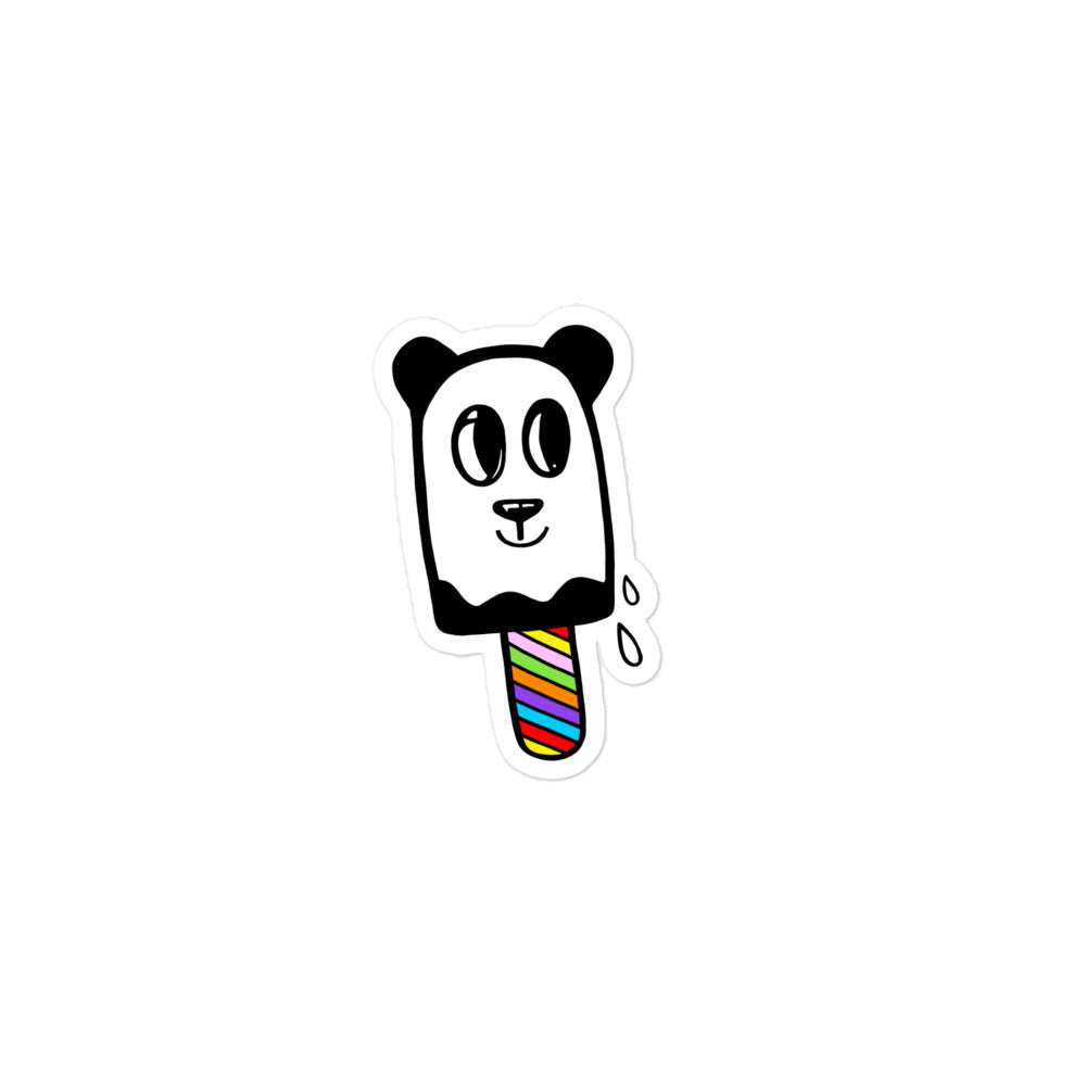 Panda Pop small vinyl sticker. Panda pop is a ice cream with drips running down the side of him. The stick of the ice-cream is multi-coloured. Panda Pop has a little smile on his face and big eyes. The vinyl sticker is also water resistant.