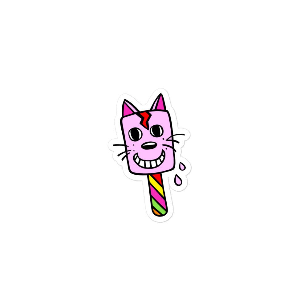 Retro Cat ice-cream small vinyl sticker with drips going down the side of him. The stick of the ice-cream is multi coloured diagonal stripes. He has a big red lightning flash going down his face and big eyes. He also has a big smile and whiskers. The stickers are also water resistant too.