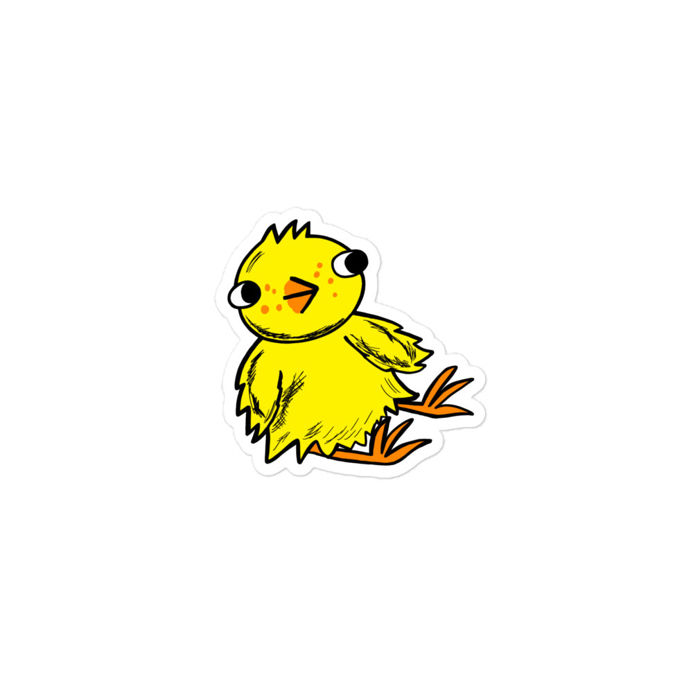 Cute bright small yellow chick sticker.The chick is looking sideways. The chick is a bright yellow with orange feet and beak. He has three tufts of hair/feathers sticking out of the top.He is printed on a white background and cut out around his body. The sticker is shiny.