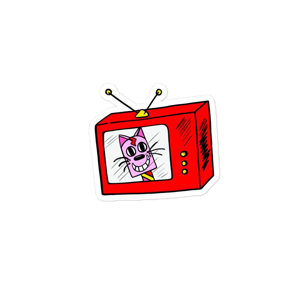 Retro Cat TV small vinyl sticker. A pink ice-cream cat inside a red square shaped tv. The red TV has yellow buttons and yellow aerial on the top. The retro pink cat has a big smile and a multi-coloured lolly stick. Very bright. The vinyl sticker is also water resistant.