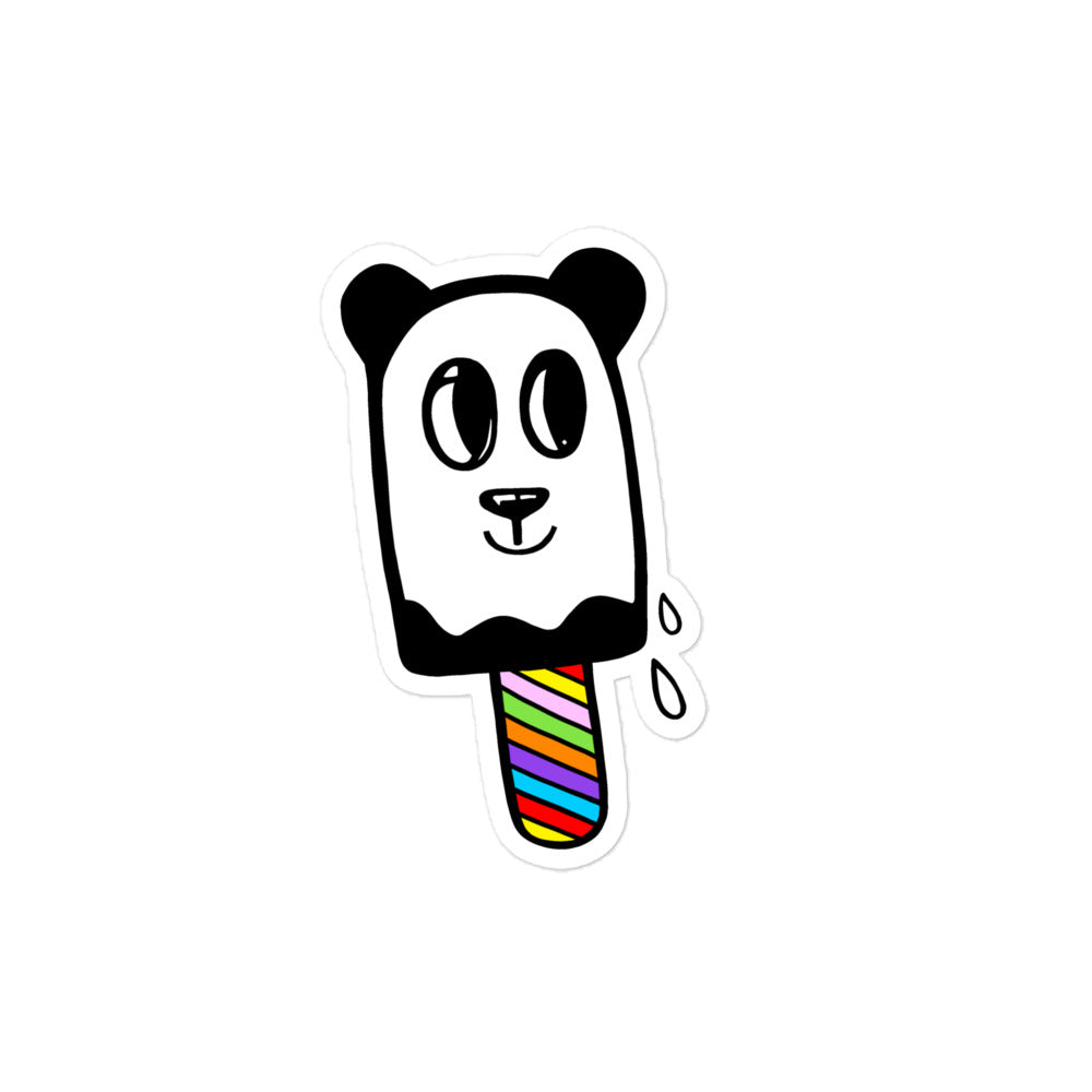 Panda Pop medium sized vinyl sticker. Panda pop is a ice cream with drips running down the side of him. The stick of the ice-cream is multi-coloured. Panda Pop has a little smile on his face and big eyes. The vinyl sticker is also water resistant.