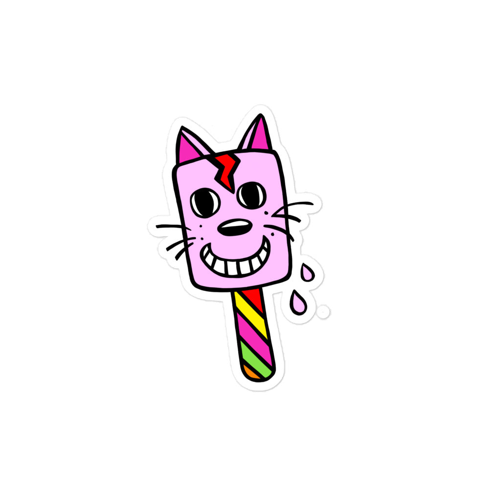 Retro Cat ice-cream medium sized vinyl sticker with drips going down the side of him. The stick of the ice-cream is multi coloured diagonal stripes. He has a big red lightning flash going down his face and big eyes. He also has a big smile and whiskers. The stickers are also water resistant too.