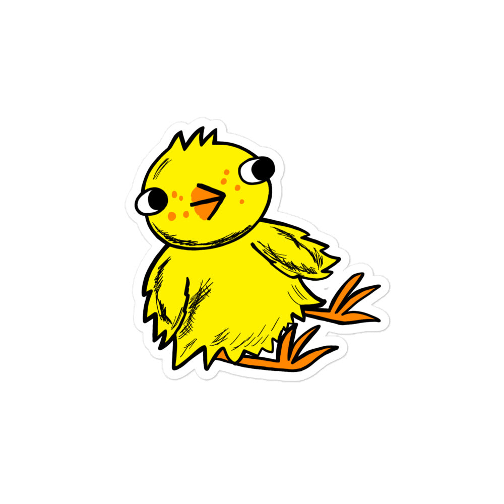 Cute bright small yellow chick sticker.The chick is looking sideways. The chick is a bright yellow with orange feet and beak. He has three tufts of hair/feathers sticking out of the top.He is printed on a white background and cut out around his body. The sticker is shiny.