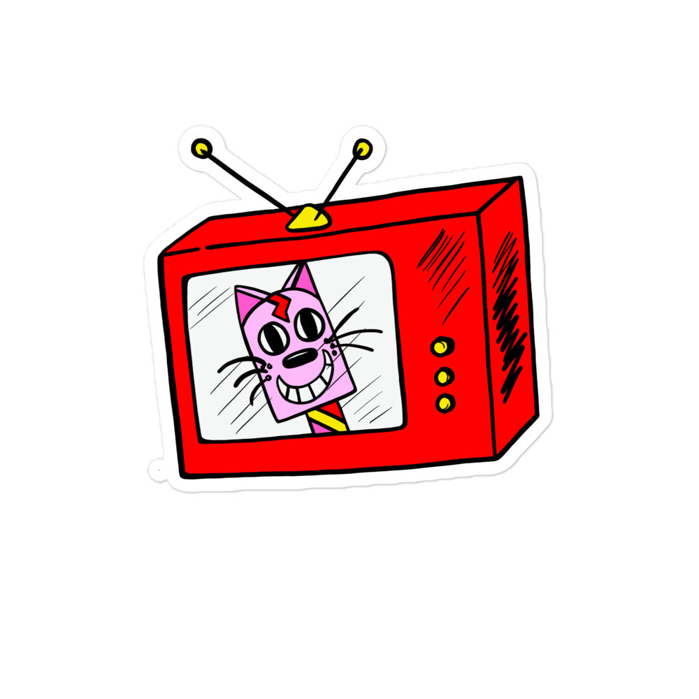 Retro Cat TV medium sized vinyl sticker. A pink ice-cream cat inside a red square shaped tv. The red TV has yellow buttons and yellow aerial on the top. The retro pink cat has a big smile and a multi-coloured lolly stick. Very bright. The vinyl sticker is also water resistant.