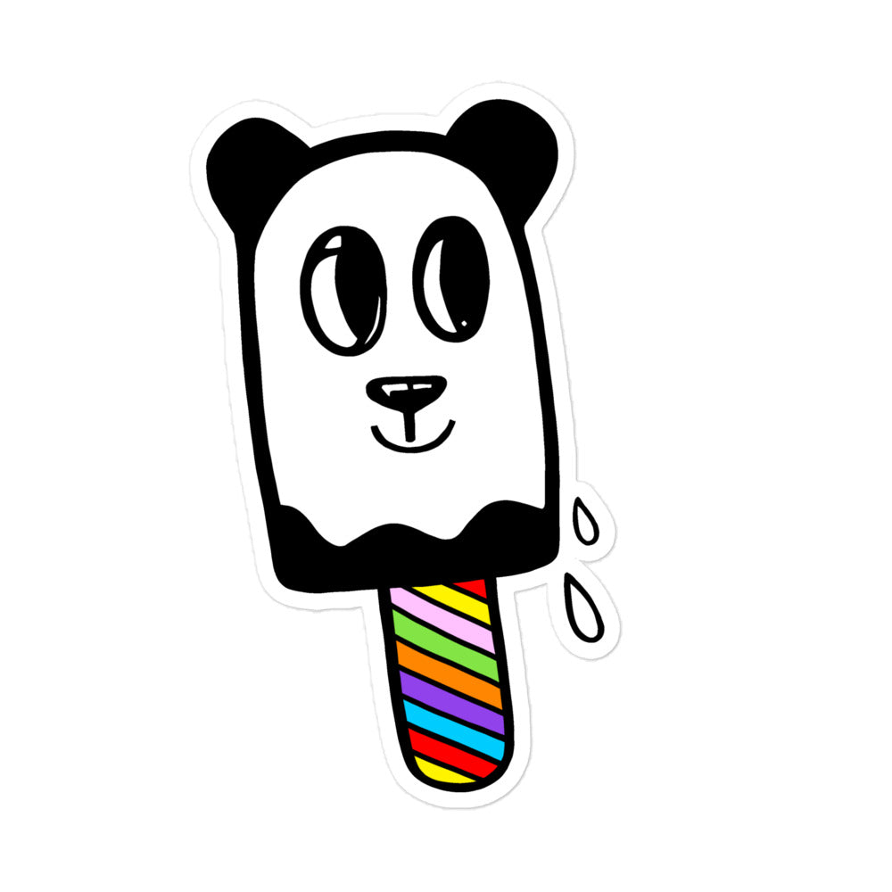 Panda Pop large vinyl sticker. Panda pop is a ice cream with drips running down the side of him. The stick of the ice-cream is multi-coloured. Panda Pop has a little smile on his face and big eyes. The vinyl sticker is also water resistant.