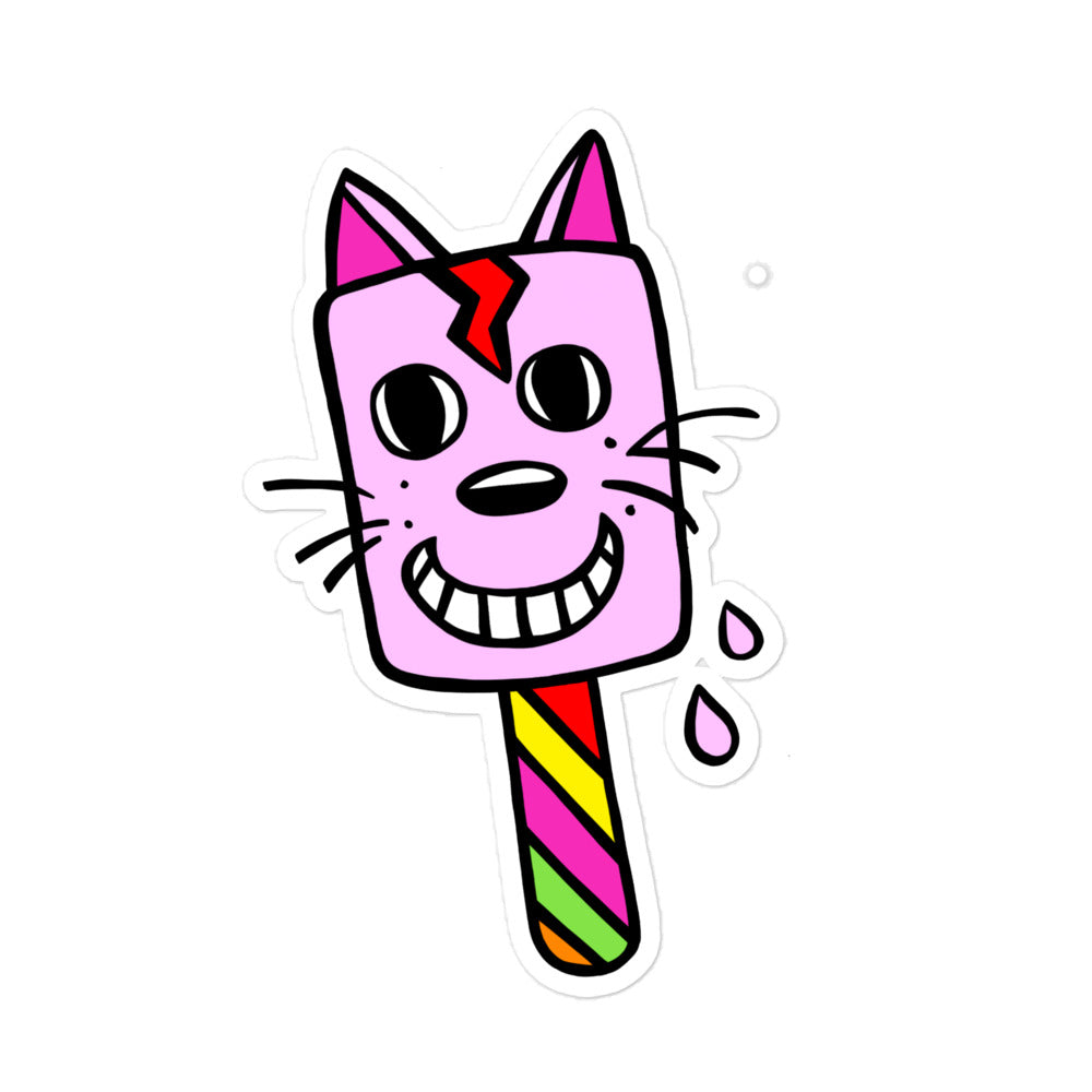 Retro Cat ice-cream large vinyl sticker with drips going down the side of him. The stick of the ice-cream is multi coloured diagonal stripes. He has a big red lightning flash going down his face and big eyes. He also has a big smile and whiskers. The stickers are also water resistant too.