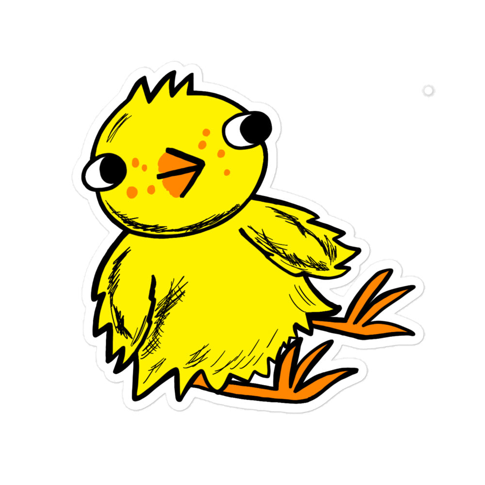 Cute bright large yellow chick sticker.The chick is looking sideways. The chick is a bright yellow with orange feet and beak. He has three tufts of hair/feathers sticking out of the top.He is printed on a white background and cut out around his body. The sticker is shiny.