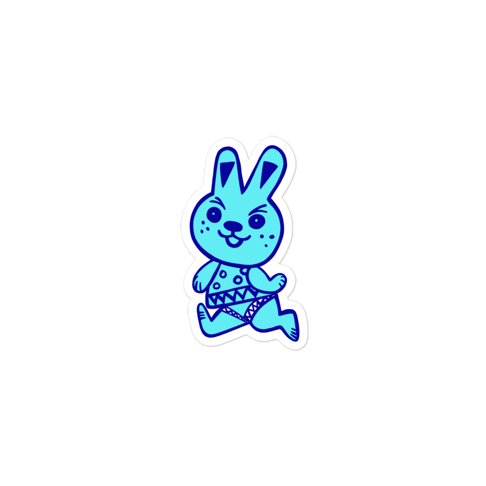 Cute pale blue bunny running with a cheeky look on his face small vinyl sticker.