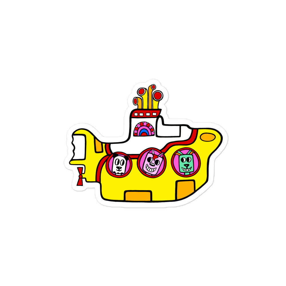 Bright yellow submarine medium sized sticker with three portholes. Each porthole has an animal looking out of it. The first one is a panda, the second a pink cat , the third a green dog. They are smiling on this vinyl sticker.