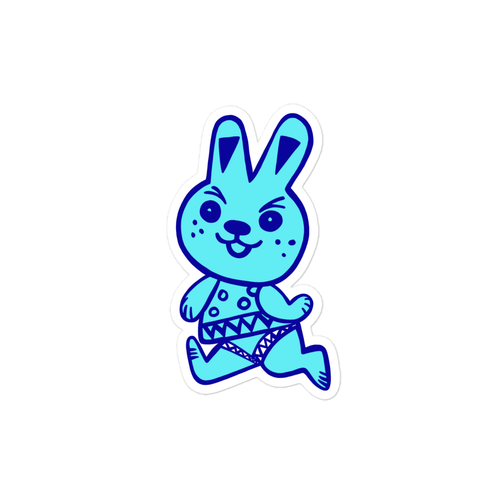 Cute pale blue bunny running with a cheeky look on his face medium sized vinyl sticker.