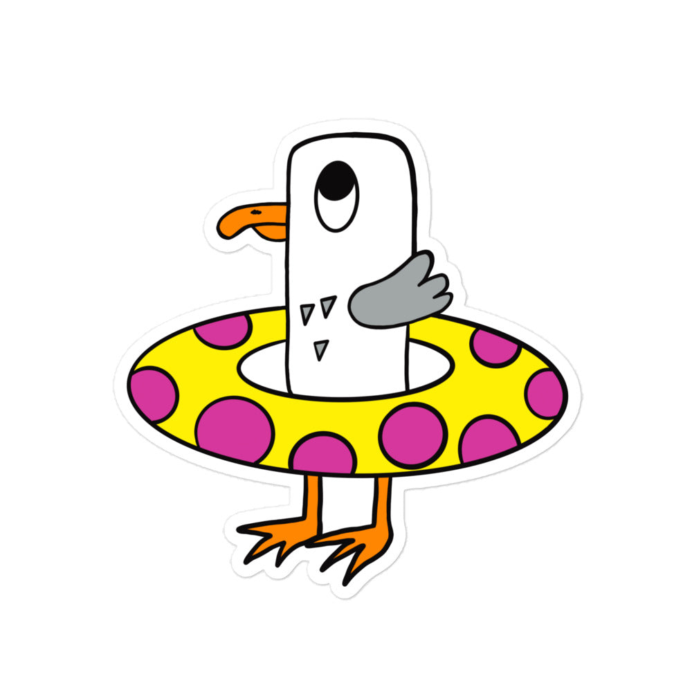 Seagull Steve vinyl, water resistant medium sized sticker. Here he can be seen with his bright yellow rubber ring with bright pink circles. Seagull Steve is white and grey with an orange beak and orange feet. He has big wide eyes.