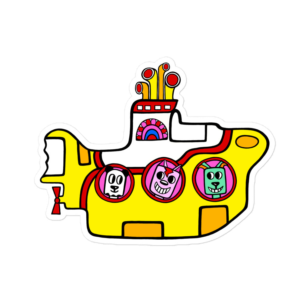 Bright yellow submarine large sticker with three portholes. Each porthole has an animal looking out of it. The first one is a panda, the second a pink cat , the third a green dog. They are smiling on this vinyl sticker.