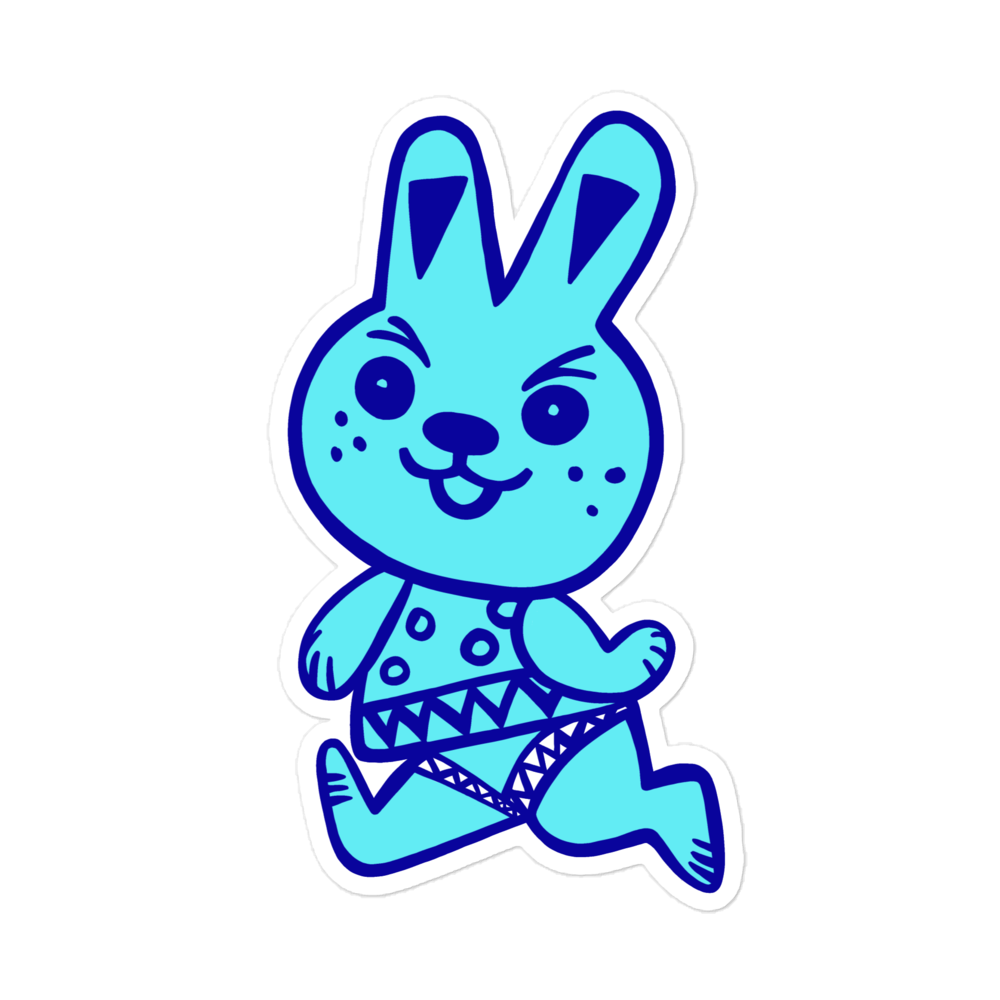 Cute pale blue bunny running with a cheeky look on his face large vinyl sticker.